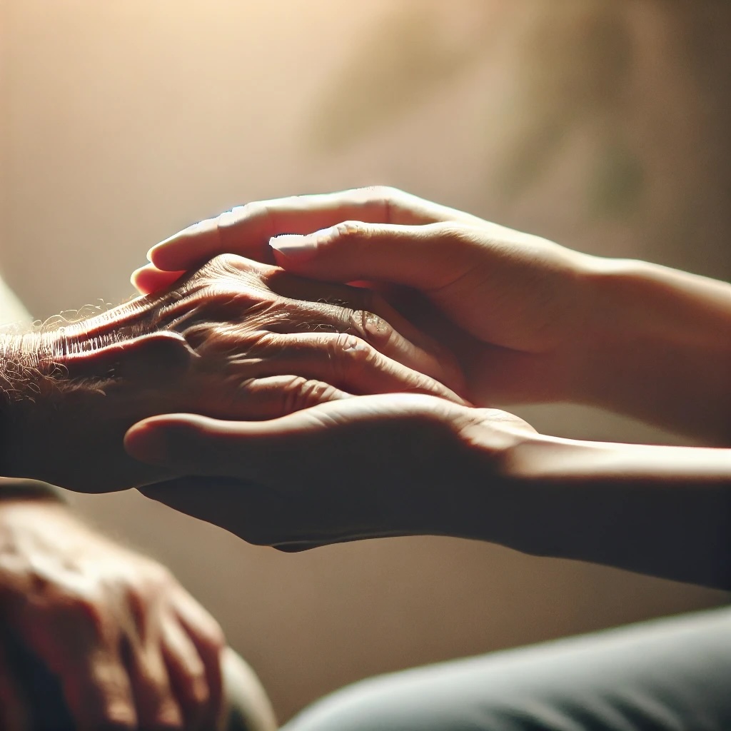 DALL·E 2024-12-11 10.35.43 - A tender and emotional image of an older, wrinkled hand being gently held by a younger hand, symbolizing support and connection. The scene is softly l Kopie